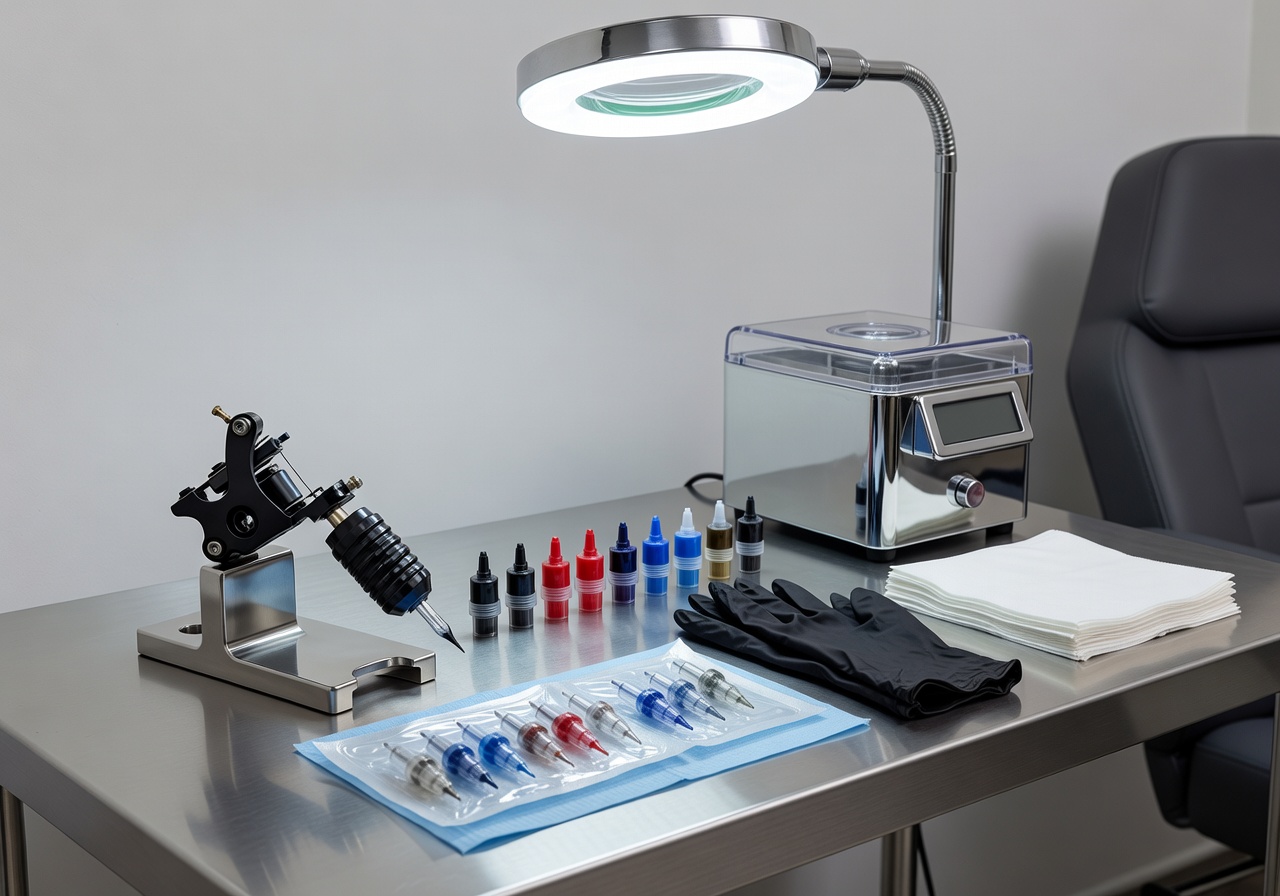 A clean and sterile tattoo station setup with premium equipment