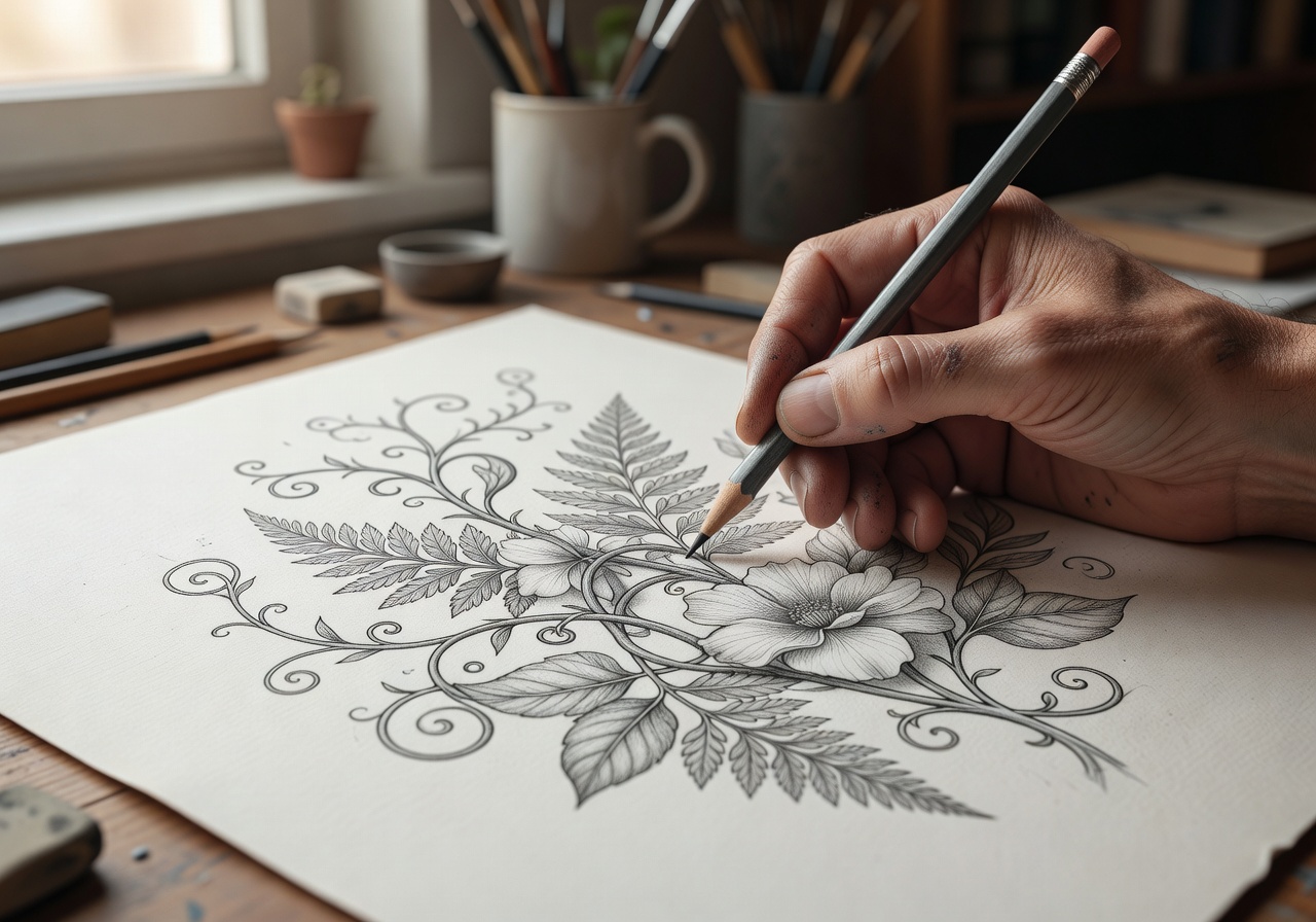 Close up of an artist sketching a detailed botanical design on paper