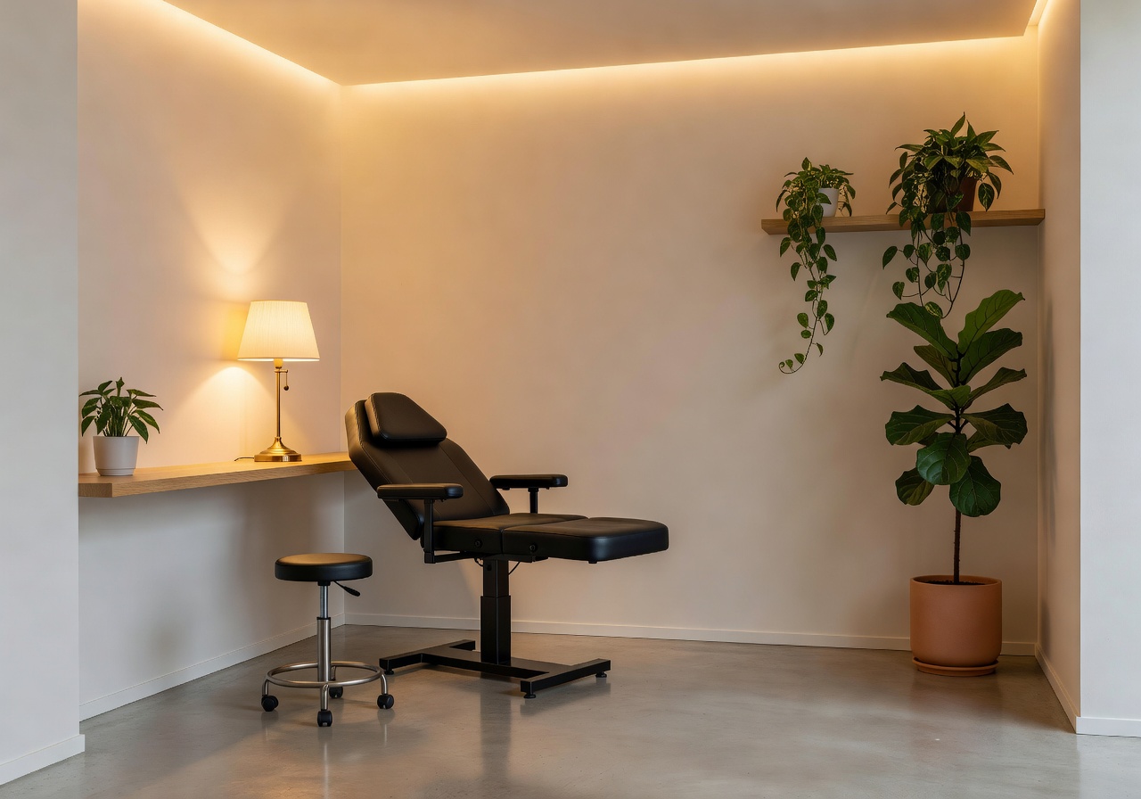 Minimalist interior of the Stratojoy tattoo studio with warm lighting and plants