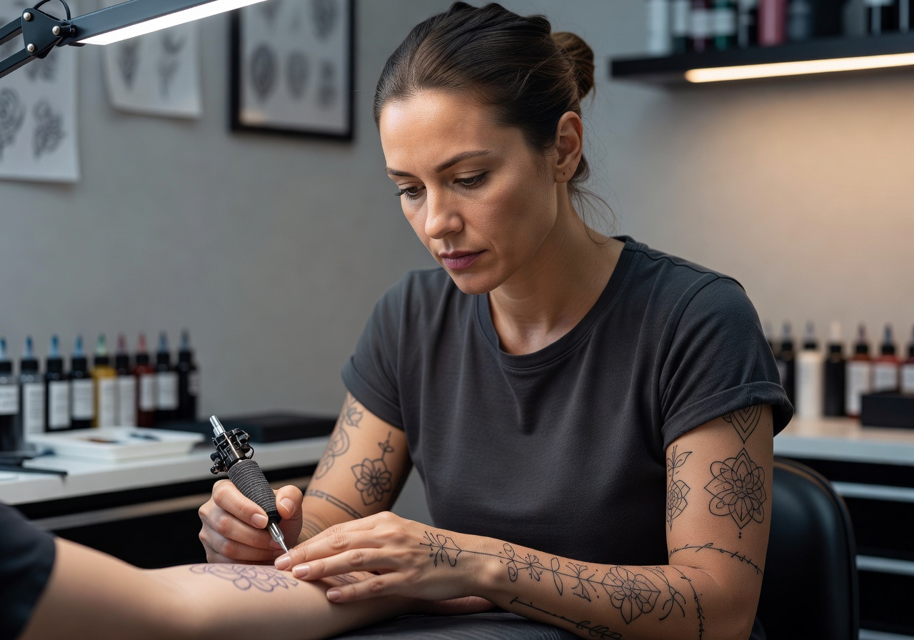 Portrait of Sarah, lead fine line tattoo artist at Stratojoy