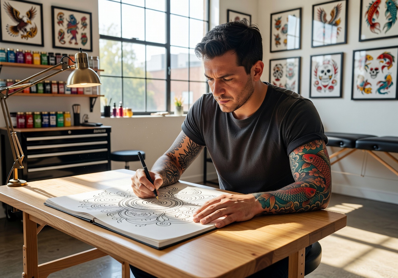 Stratojoy tattoo artist sketching a new design in a bright studio