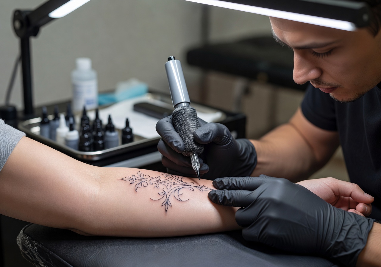 Tattoo artist using a rotary machine to create a fine line tattoo on a client's arm